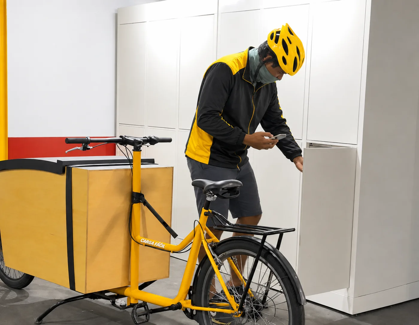 Bicycle courier dropping a parcel into a Handover smart locker